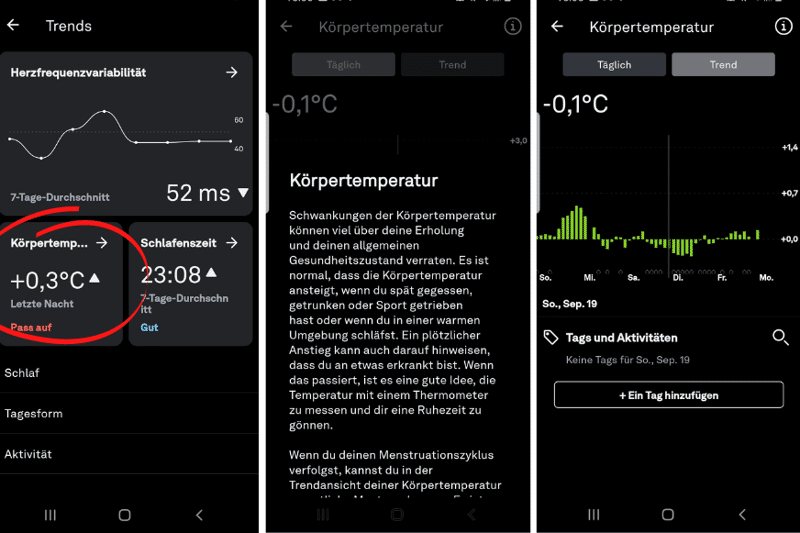 Man sieht die geöffnete Oura App, in der die gemessene Temperatur angezeigt wird